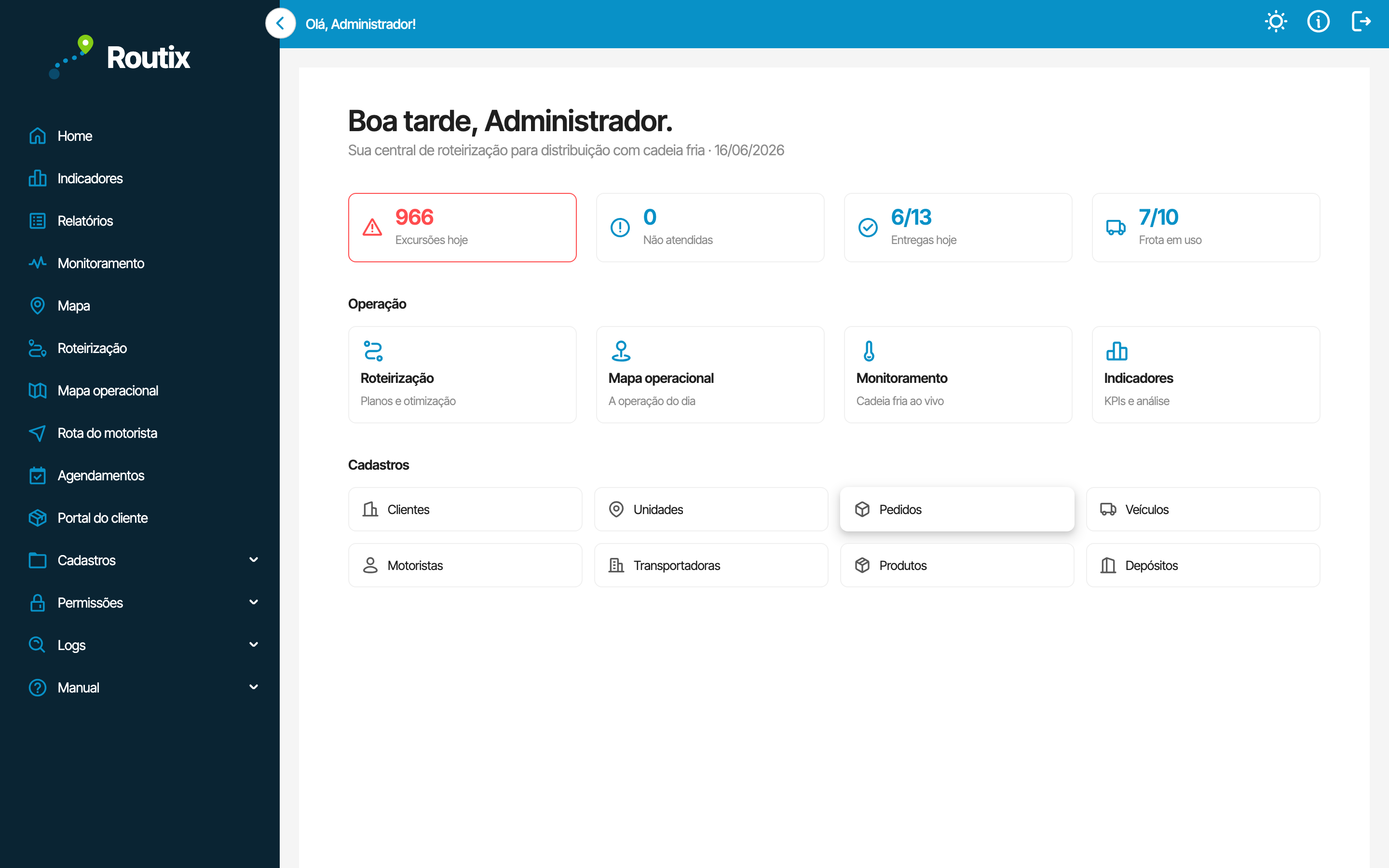 Central de roteirização do Routix com o resumo da operação do dia