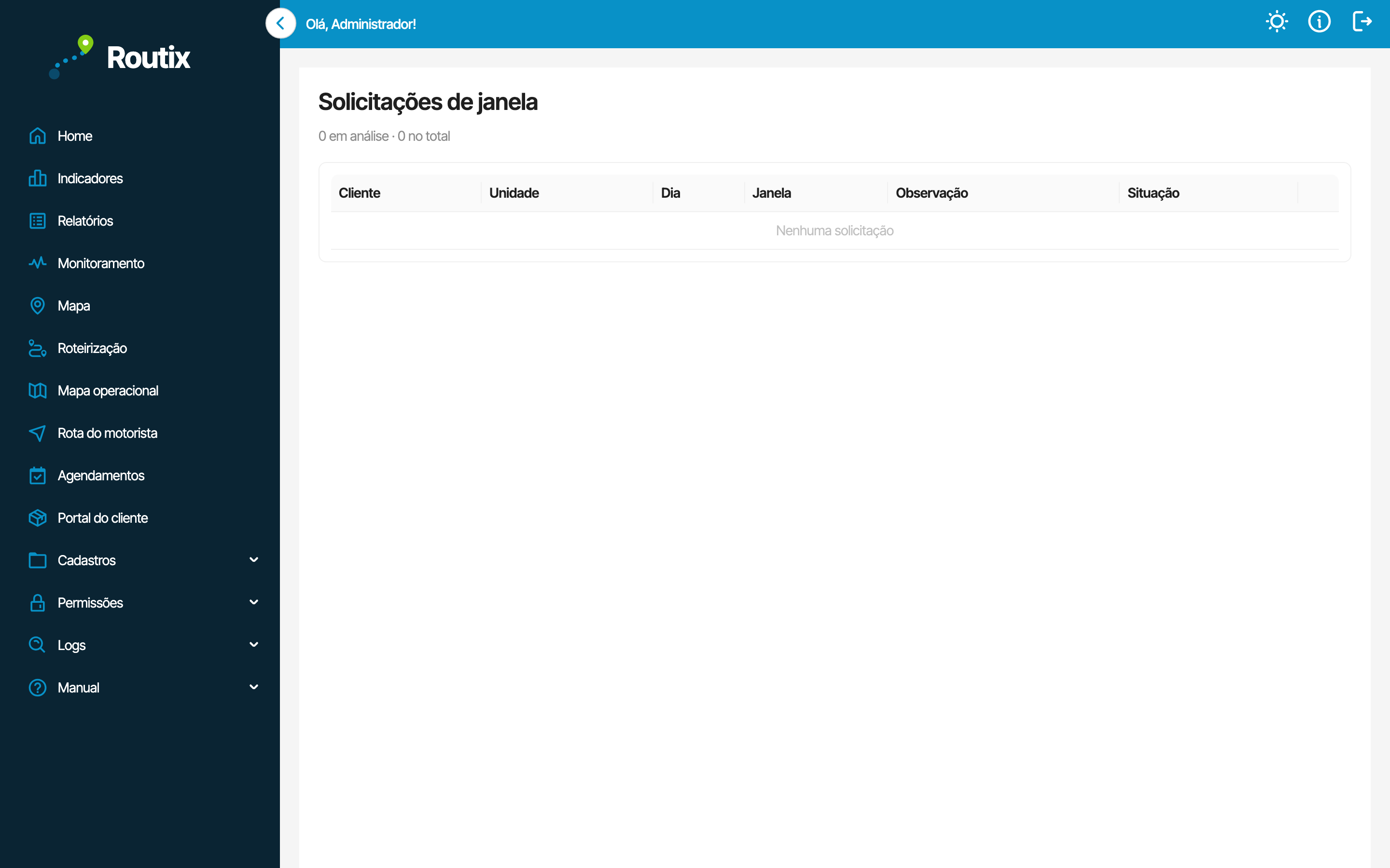 Tela de solicitações de janela de entrega no Routix