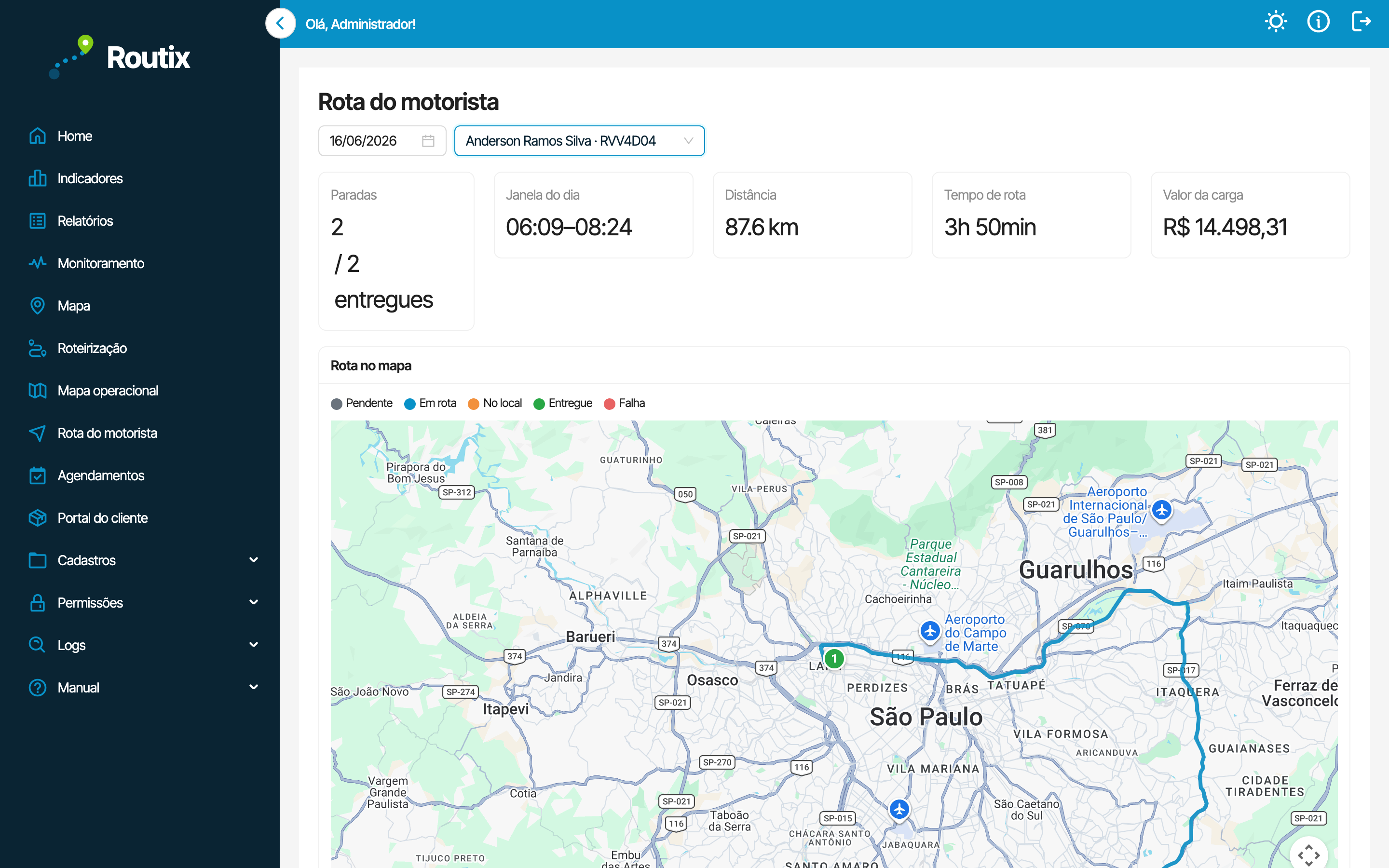 Rota do motorista no app do Routix com a sequência de paradas